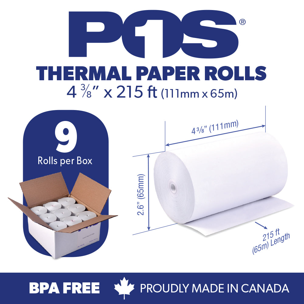 POS1 Thermal Paper 4 3/8 x 215 ft x 65mm CORELESS BPA Free 9 rolls